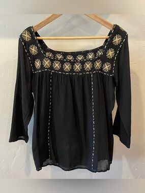 Clio 100% cotton muslin Black Blouse with White and Gold Embroidery S